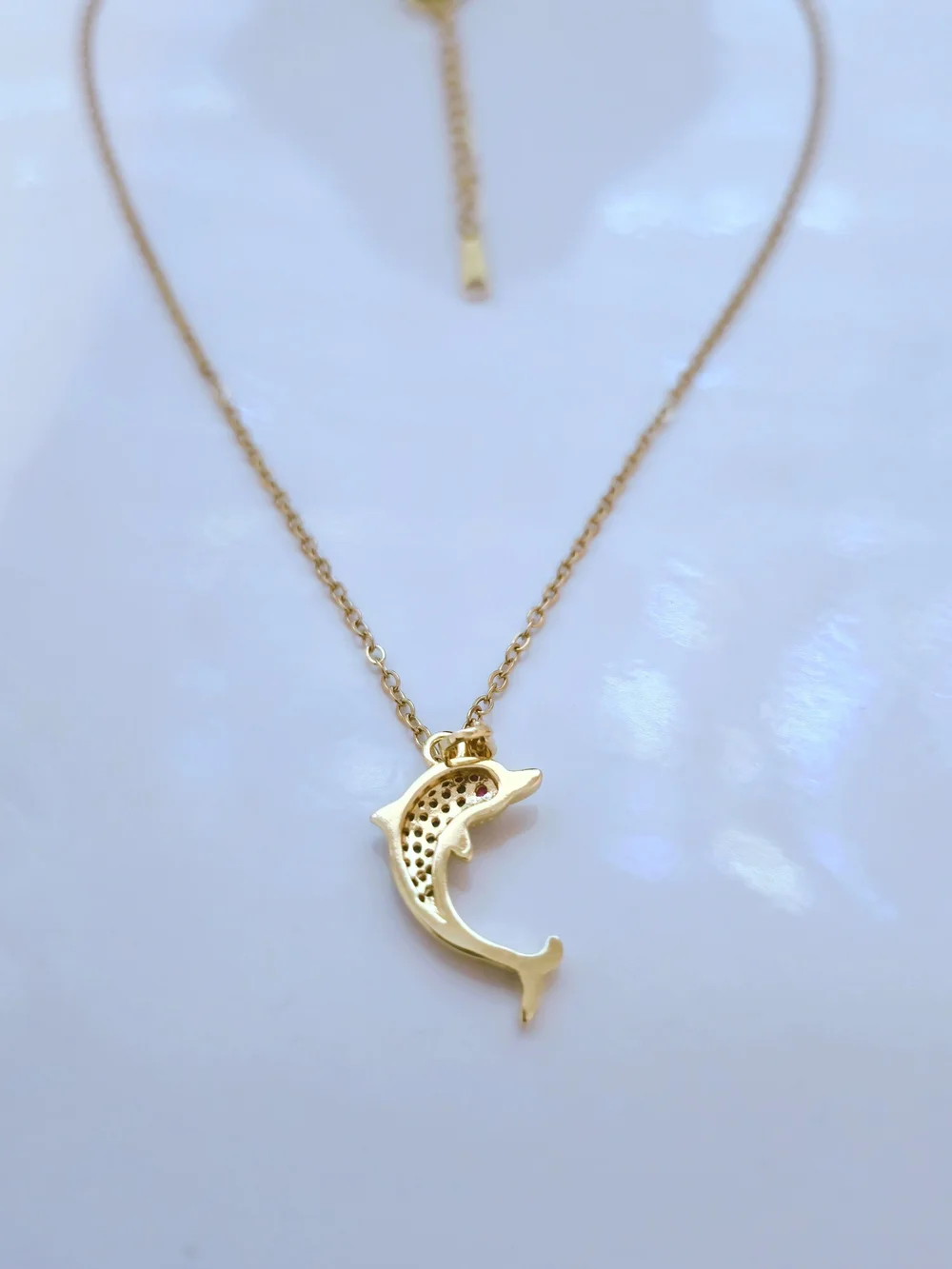 Gold Dolphin Pendant Necklace with Blue Zircon Accents Sea Life Beach Summer B03